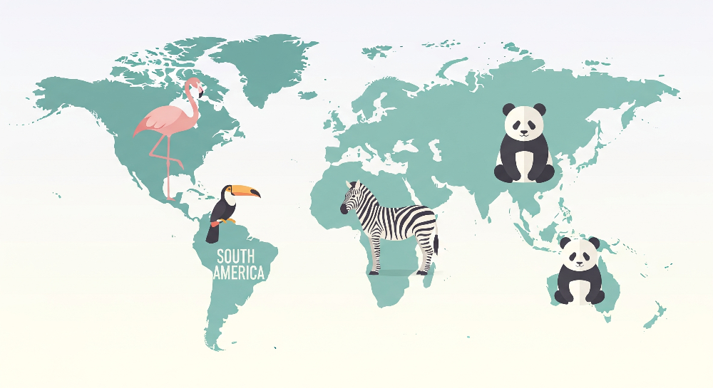 Teal World Map with Flamingo and Zebra Wall Mural