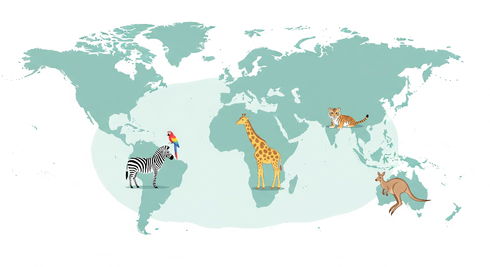 Teal World Map with Zebra, Tiger and Giraffe Wall Mural