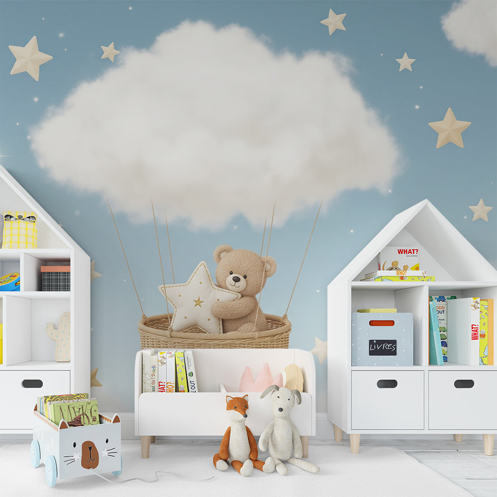 Kids-Mundo teddy bear and cloud wall mural bringing a gentle starry theme to a playroom.