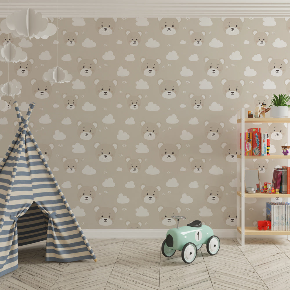 Kids-Mundo teddy bear cloud pattern brightening a cosy children's playroom wall