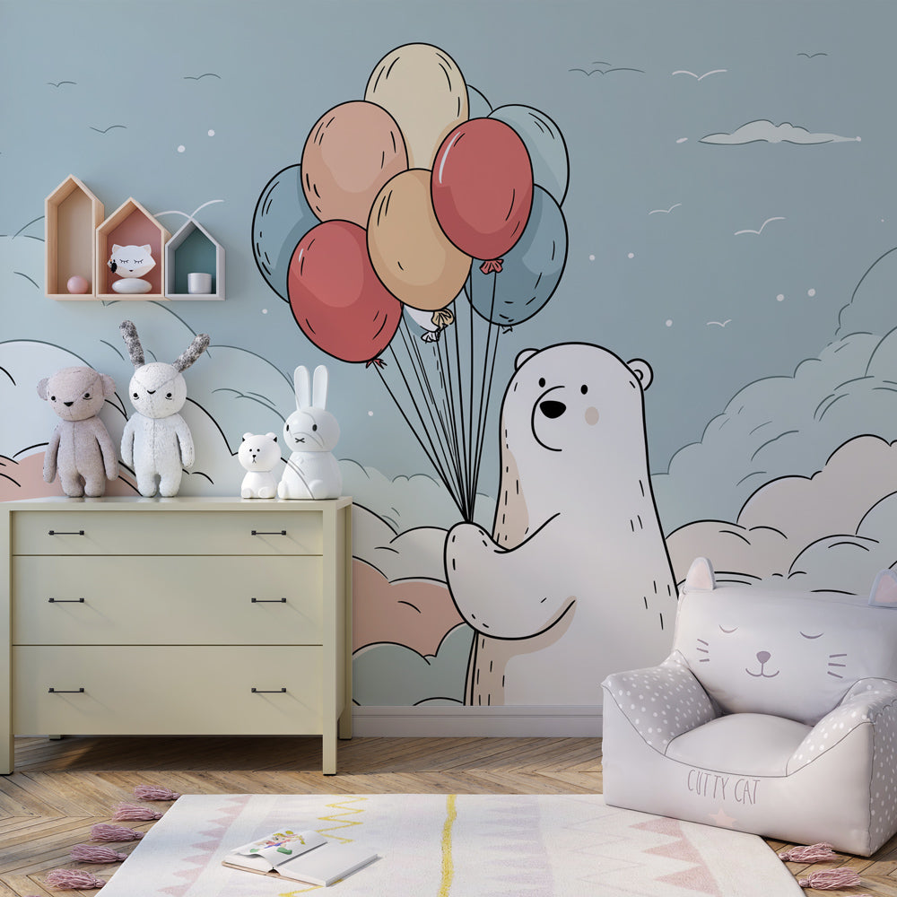 Dreamy cloud and balloon bear wallpaper creating peaceful baby bedroom decor
