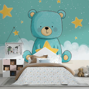 Pastel blue teddy bear wall mural creating cozy atmosphere in baby's room
