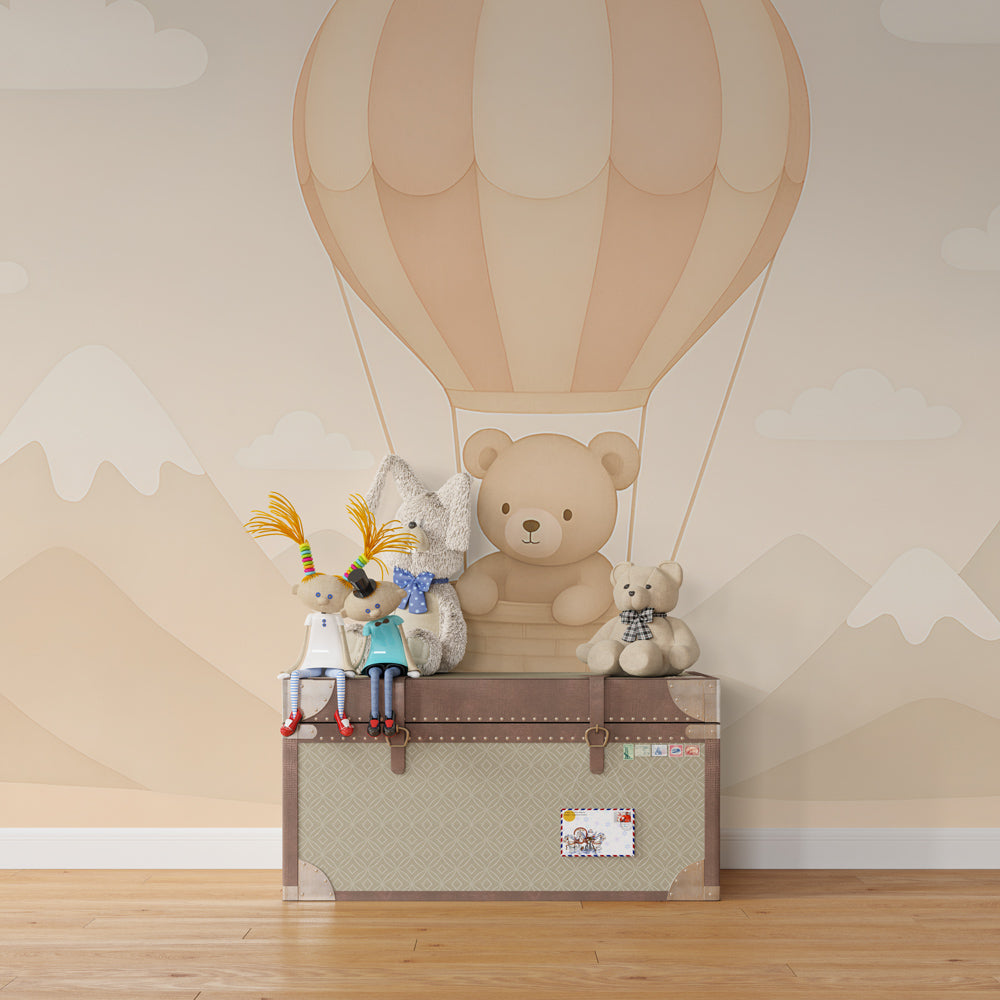 Hot air balloon nursery wallpaper creating dreamy atmosphere in baby bedroom