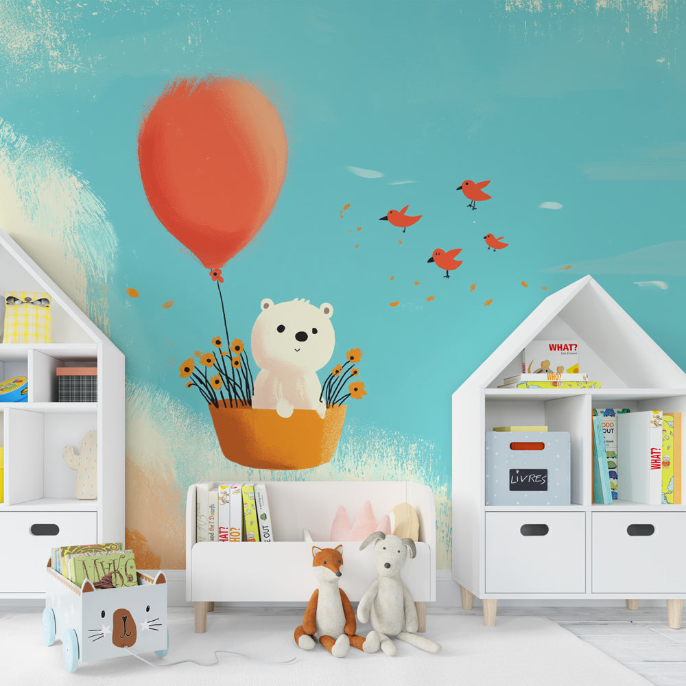 Dreamy balloon teddy bear wallpaper creating magical children's bedroom atmosphere
