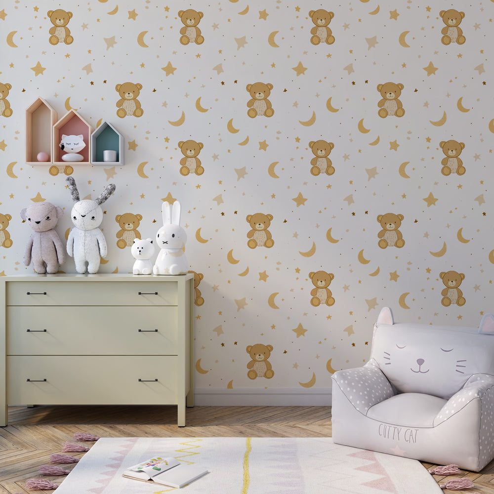 Cuddly bears and stars mural wallpaper creating peaceful children's bedroom atmosphere
