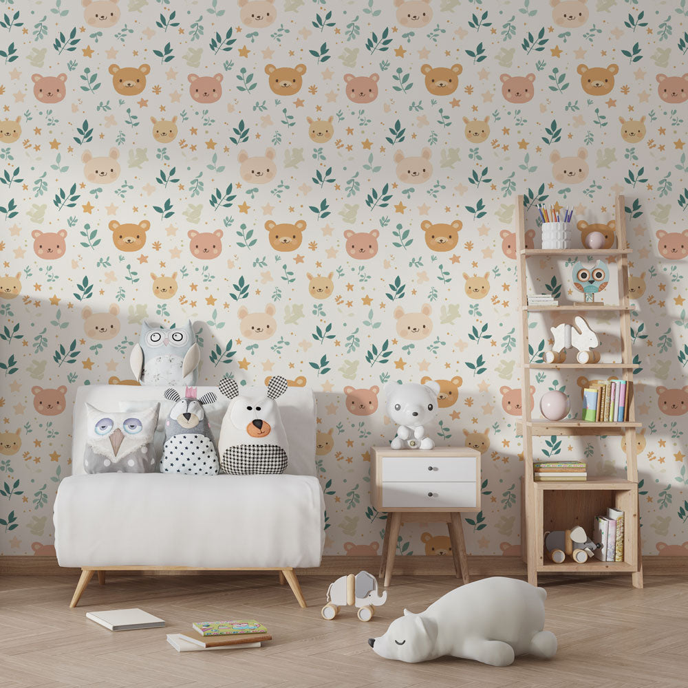 Children's bear themed mural wallpaper showcasing calming beige tones in kids bedroom decor