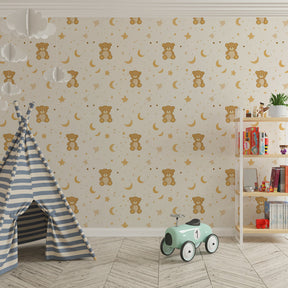 Sweet teddy bear wallpaper with celestial theme for calming toddler room decor