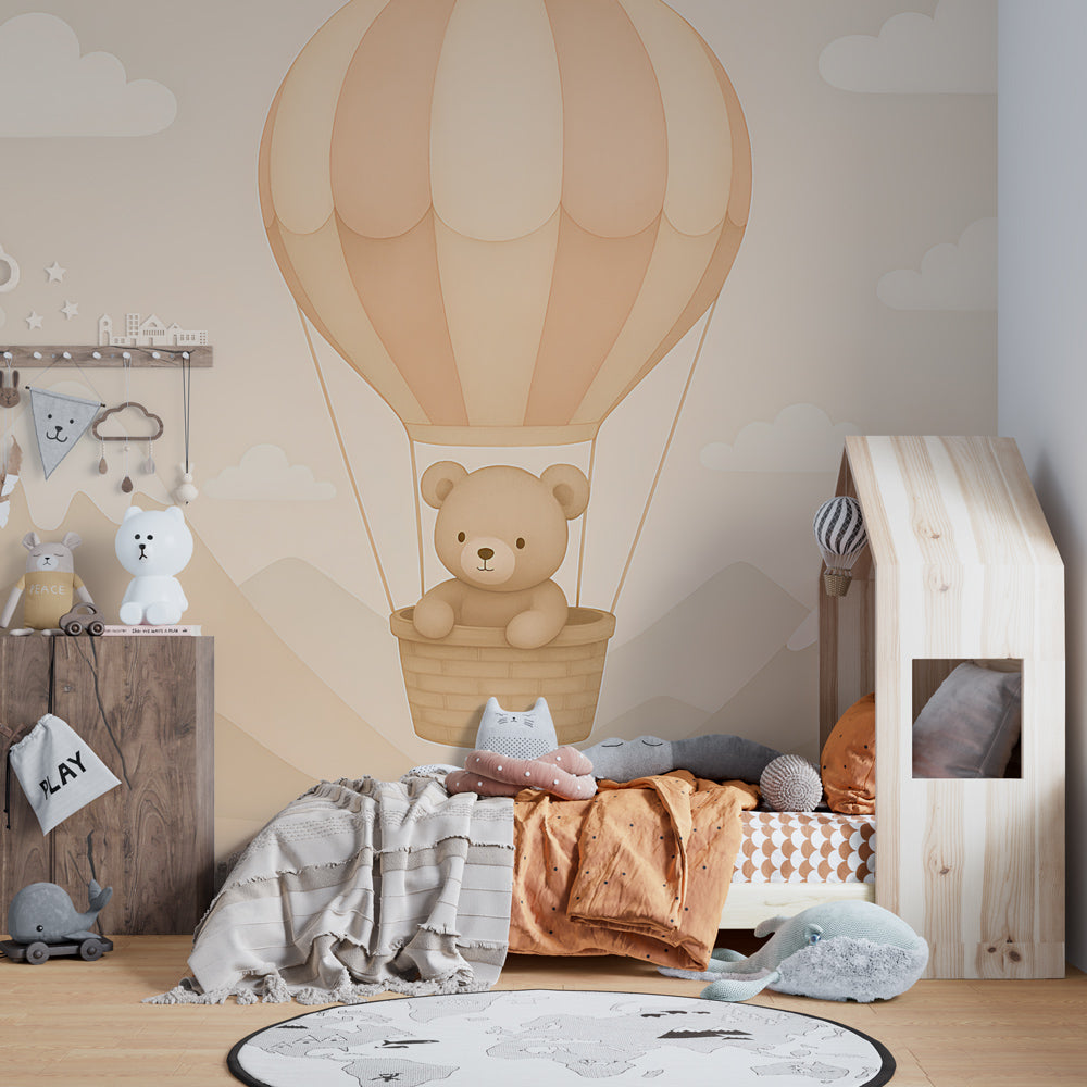 Whimsical teddy bear wallpaper with mountain landscape for children's room decor