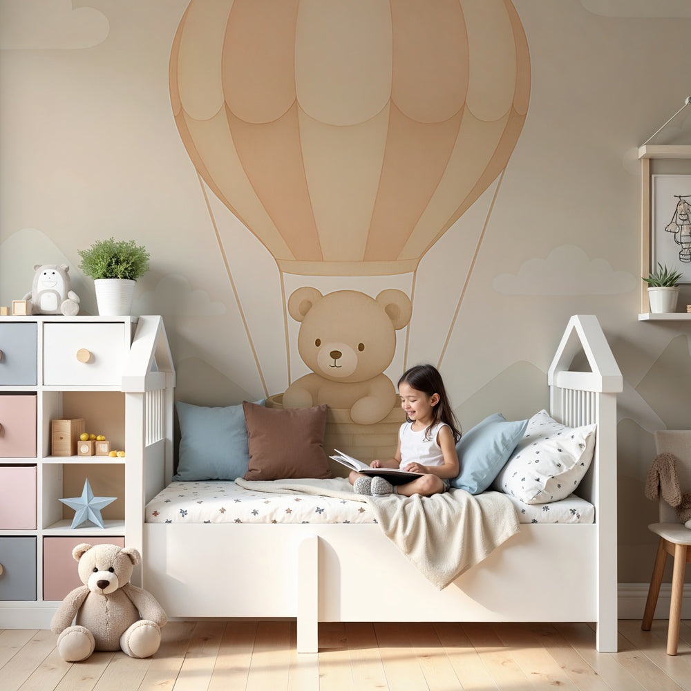 Teddy bear hot air balloon mural wallpaper in modern baby nursery by Kids-Mundo