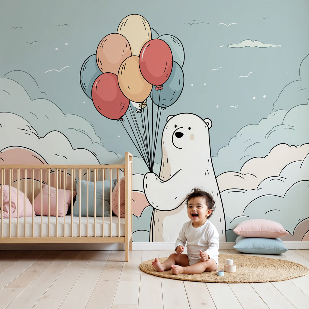 Teddy bear with balloons mural wallpaper in modern baby nursery by Kids-Mundo