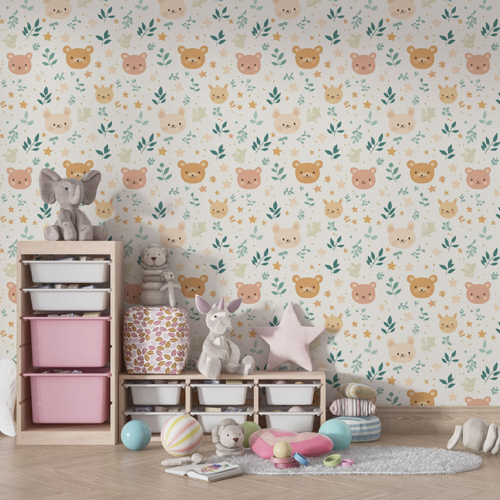 Floral bear wallpaper in modern toddler bedroom with natural wood furniture and gentle colors