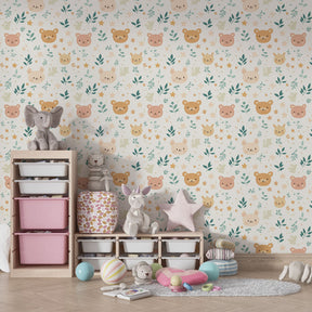Floral bear wallpaper in modern toddler bedroom with natural wood furniture and gentle colors