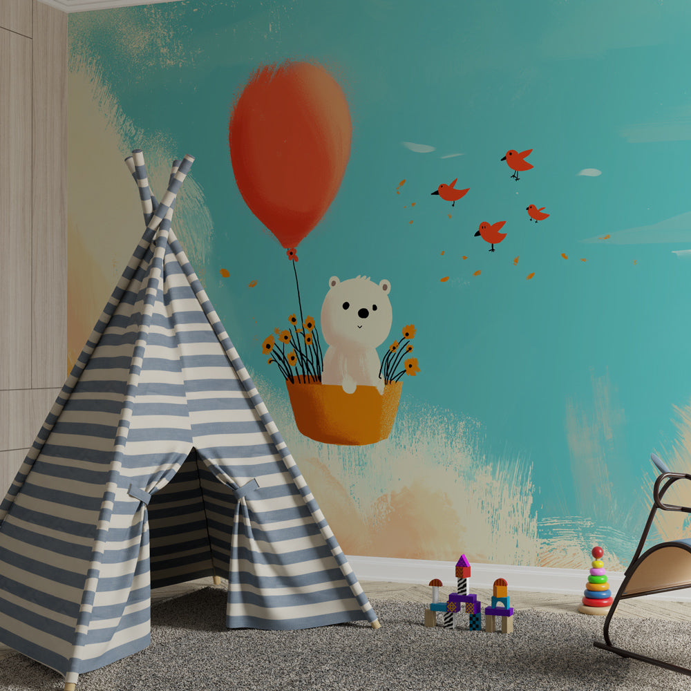 Whimsical teddy bear balloon mural wallpaper transforming toddler room decor