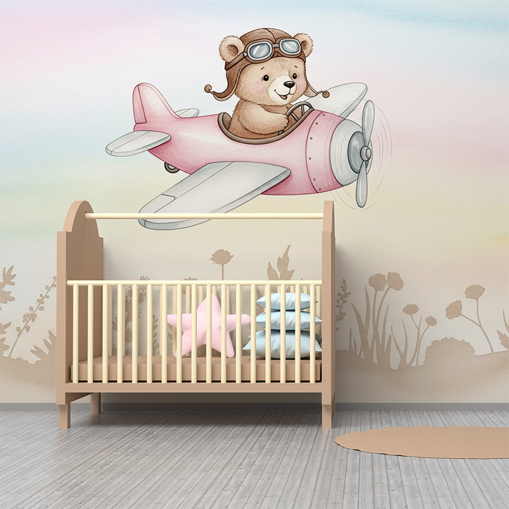 Kids-Mundo teddy bear plane wallpaper mural in a dreamy pastel kids bedroom wall.