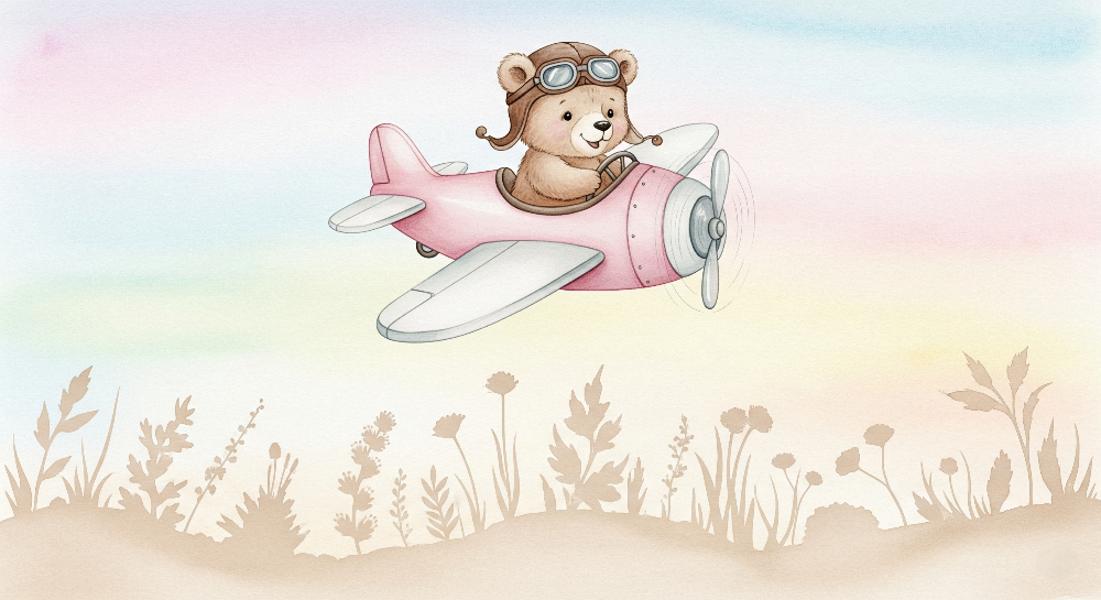 Teddy Bear Pilot in a Pink Plane Wall Mural