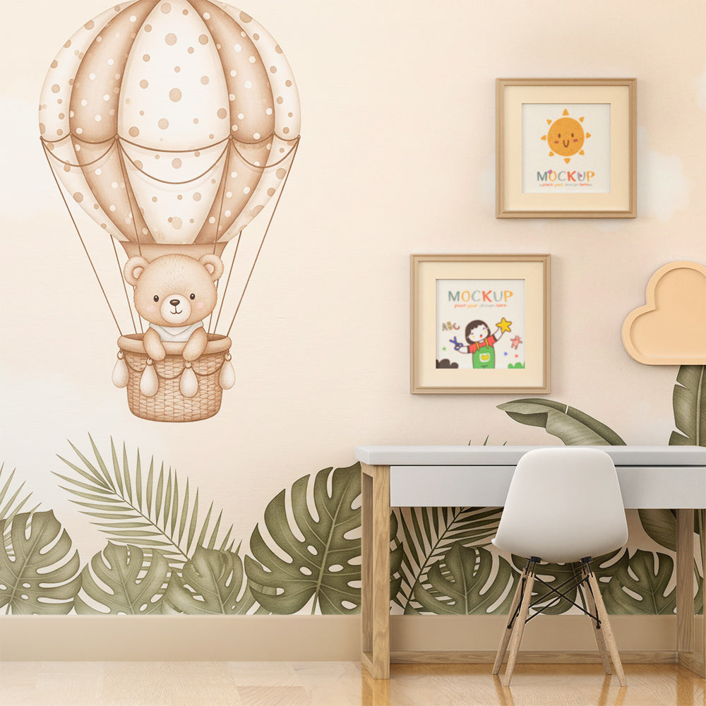 Kids-Mundo teddy bear tropical balloon wall mural behind a bed in a soft kids bedroom
