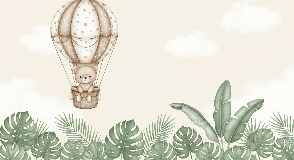 Teddy Bear Balloon Over Tropical Leaves Wall Mural
