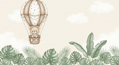 Kids-Mundo teddy bear in a spotted balloon over tropical leaves artwork