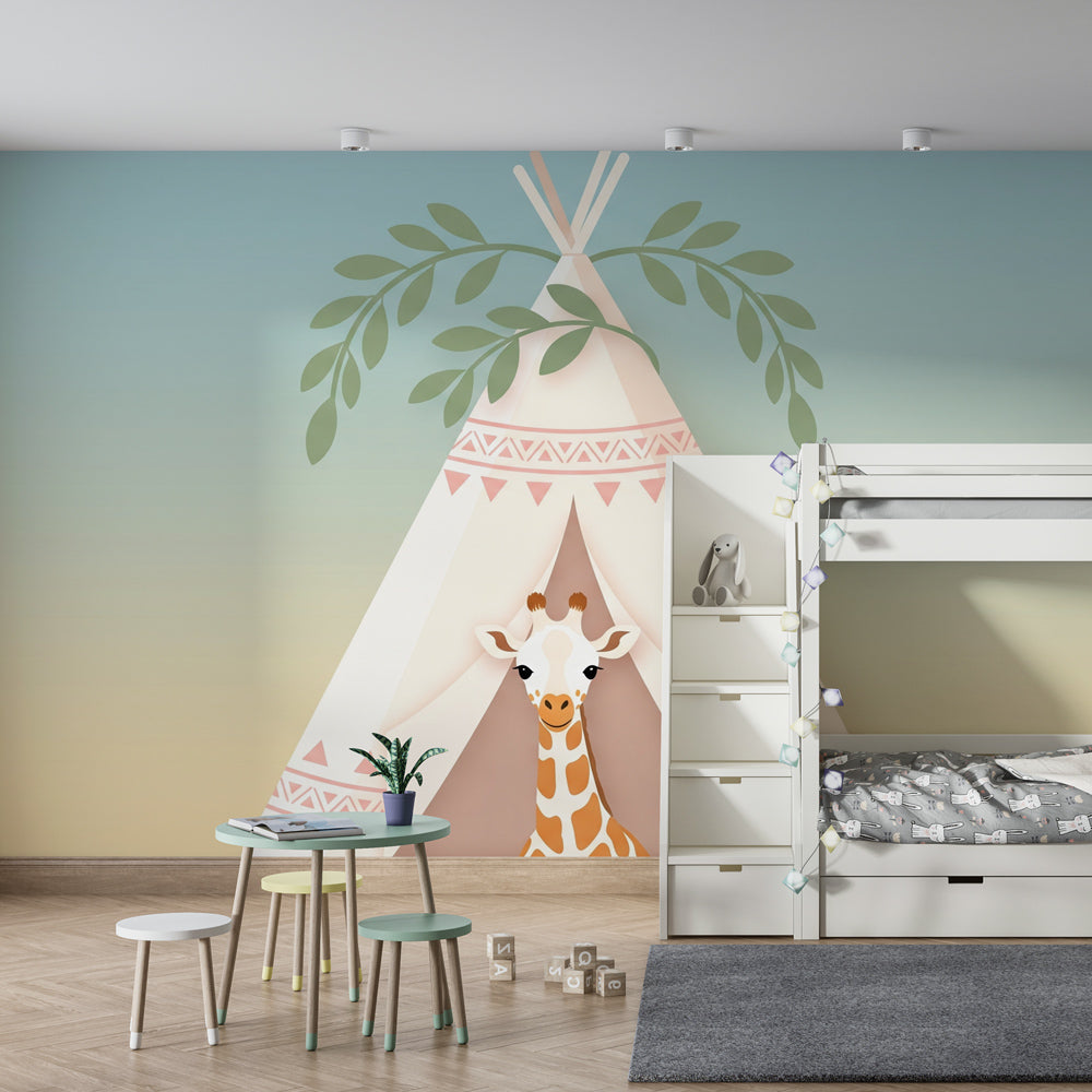 Native American teepee wallpaper with giraffe in modern kids bedroom setting by Kids-Mundo