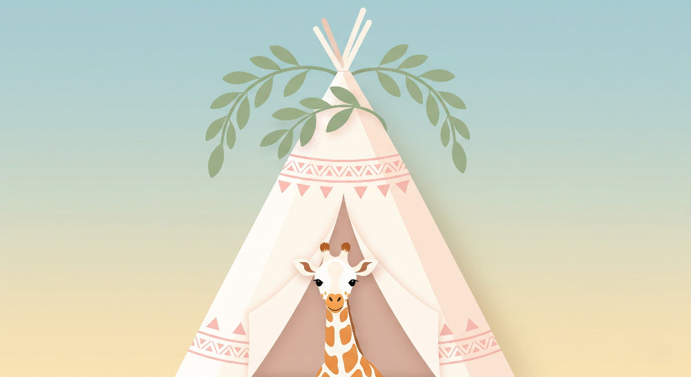 Detailed teepee giraffe mural wallpaper design pattern with Native American motifs by Kids-Mundo