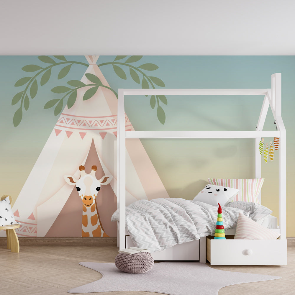 Adventure themed giraffe wallpaper transforming children's playroom with botanical elements