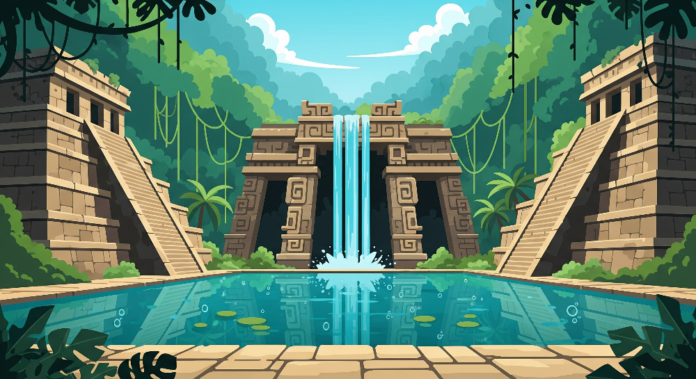 Ancient Temple Waterfall Jungle Wall Mural