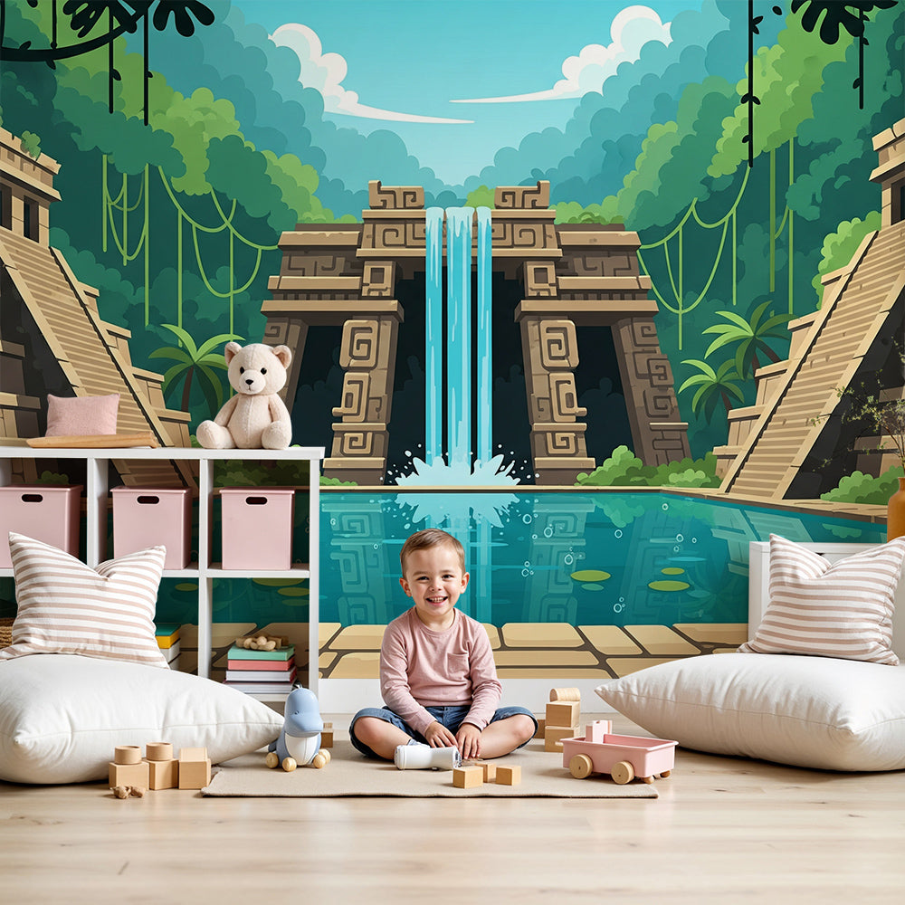 Kids-Mundo ancient temple waterfall jungle wall mural shown as wallpaper in a bright nursery