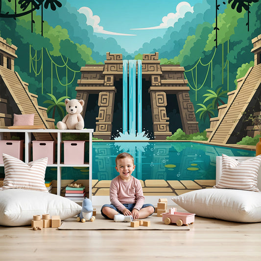 Kids-Mundo ancient temple waterfall jungle wall mural shown as wallpaper in a bright nursery