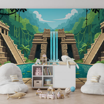 Kids-Mundo temple waterfall wall mural with jungle vines shown in a playroom setting