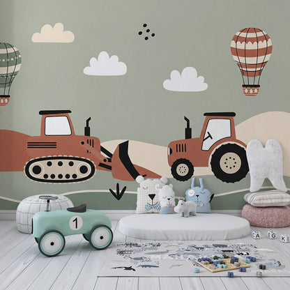Kids-Mundo rust-toned digger mural styled in a kids bedroom with hot air balloons above