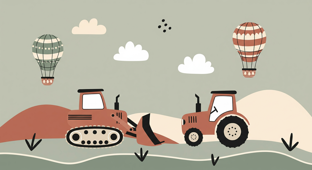 Terracotta Bulldozer and Tractor Wall Mural