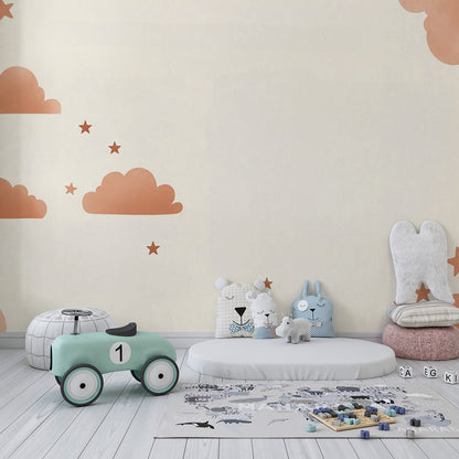 Kids-Mundo clouds and stars wall mural as a gentle feature wall in a kids' bedroom