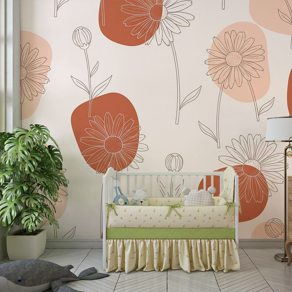Kids-Mundo terracotta daisy mural brightening a playful children's playroom wall