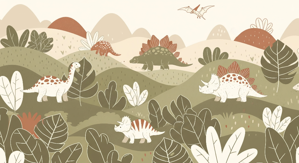 Flat artwork of the Kids-Mundo terracotta and olive dinosaur green hills wall mural design