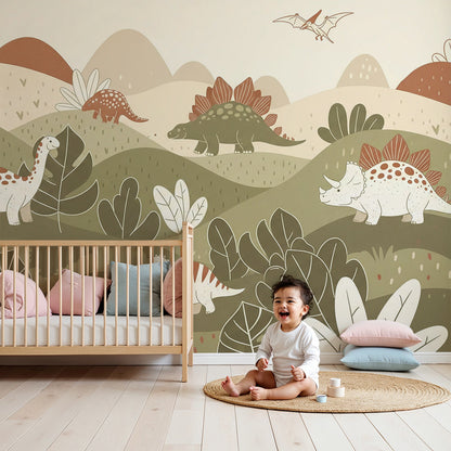 Kids-Mundo terracotta dinosaur hillside wall mural styled in an earthy-toned nursery with a cot