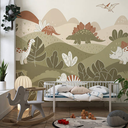 Kids-Mundo terracotta dinosaur mural covering a playroom wall with floor cushions