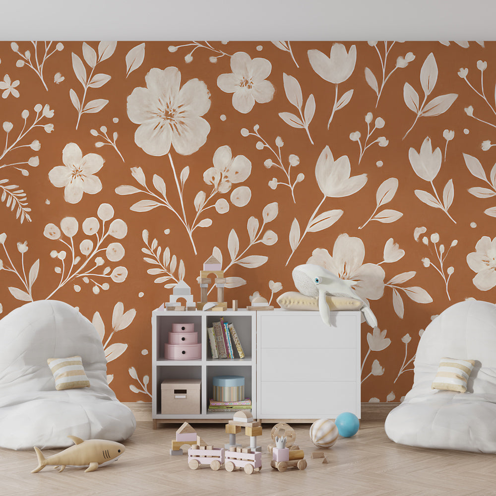 Kids-Mundo floral pattern wall mural made to measure covering a feature wall in a girl's bedroom