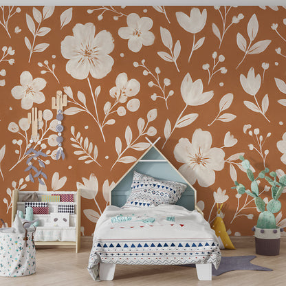 Kids-Mundo terracotta floral wall mural bringing warm botanical pattern to a playroom reading nook