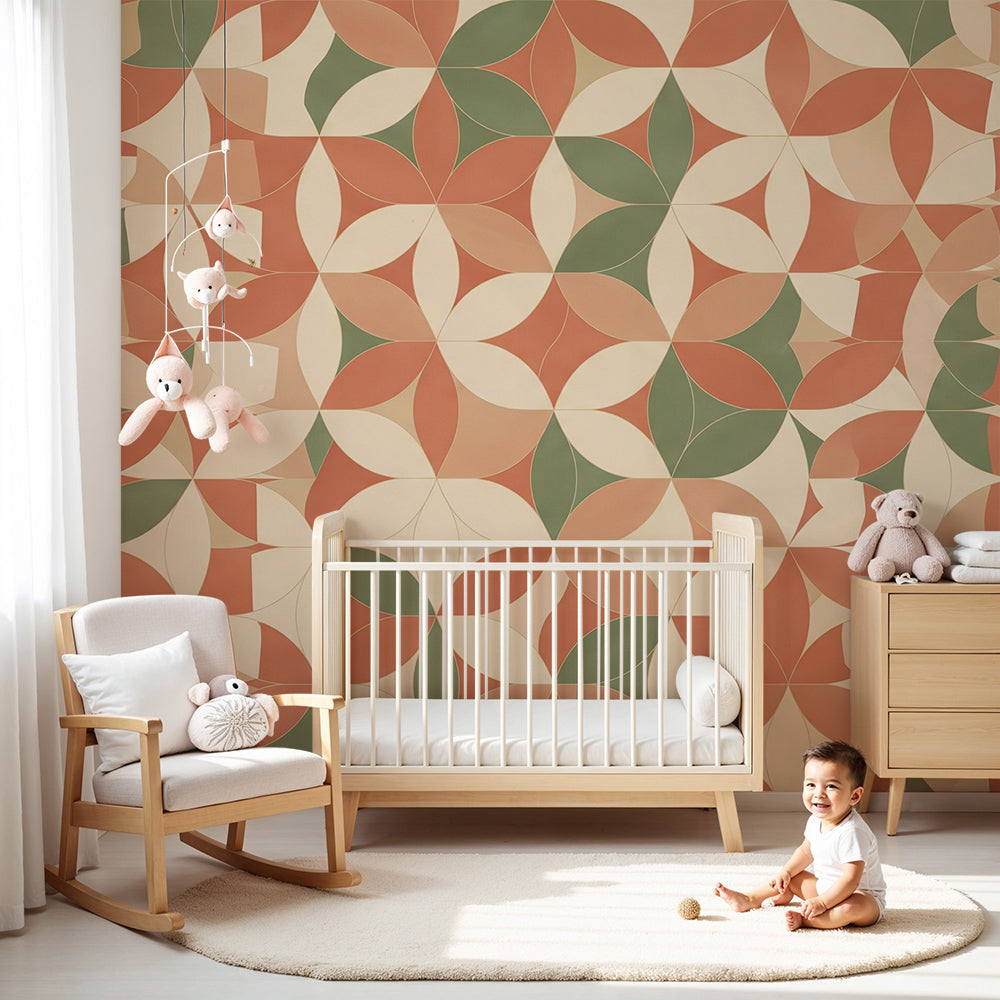 Nursery wall with a terracotta and cream flower tile wall mural by Kids-Mundo behind a cot