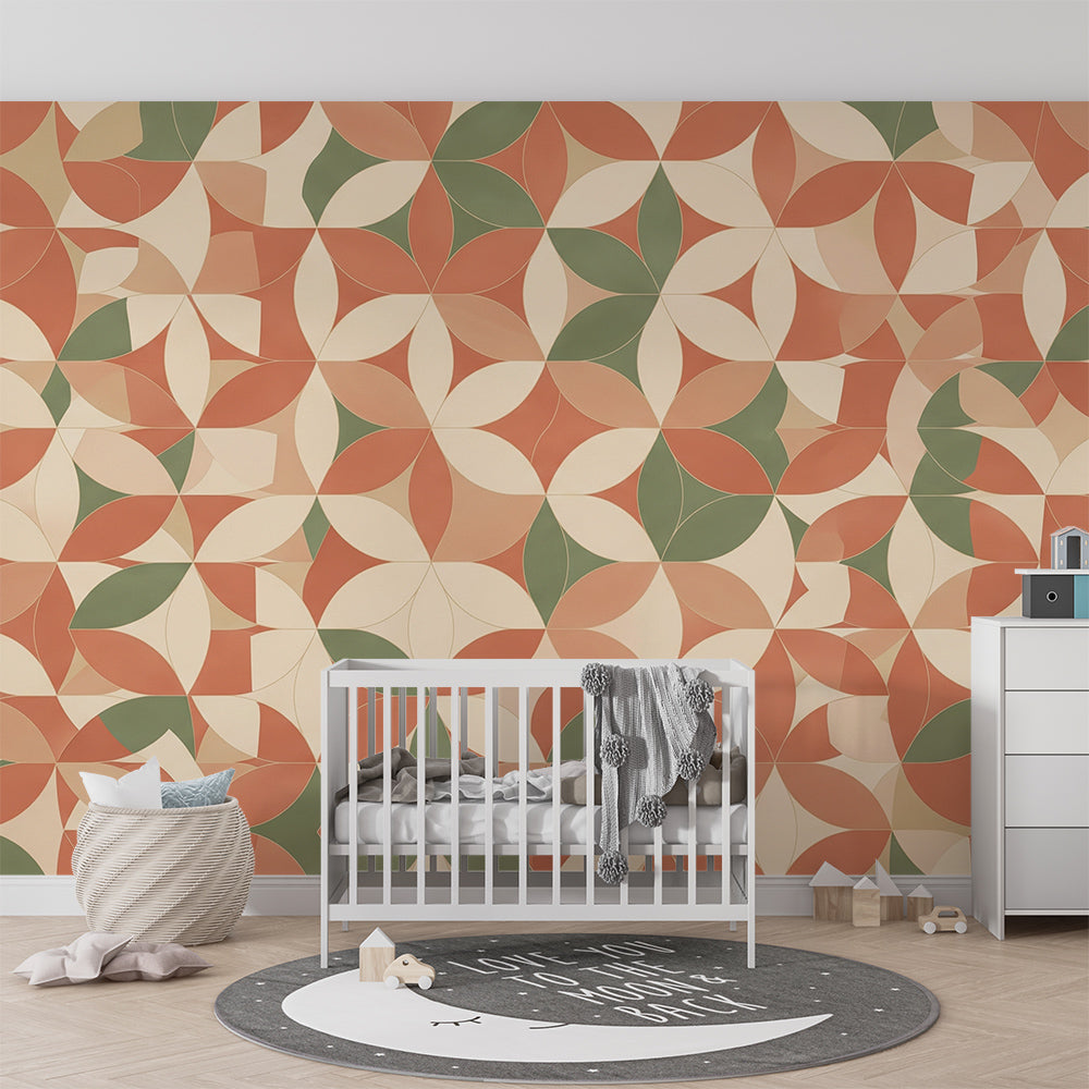 Playroom corner decorated with a Kids-Mundo terracotta flower tile wallpaper mural
