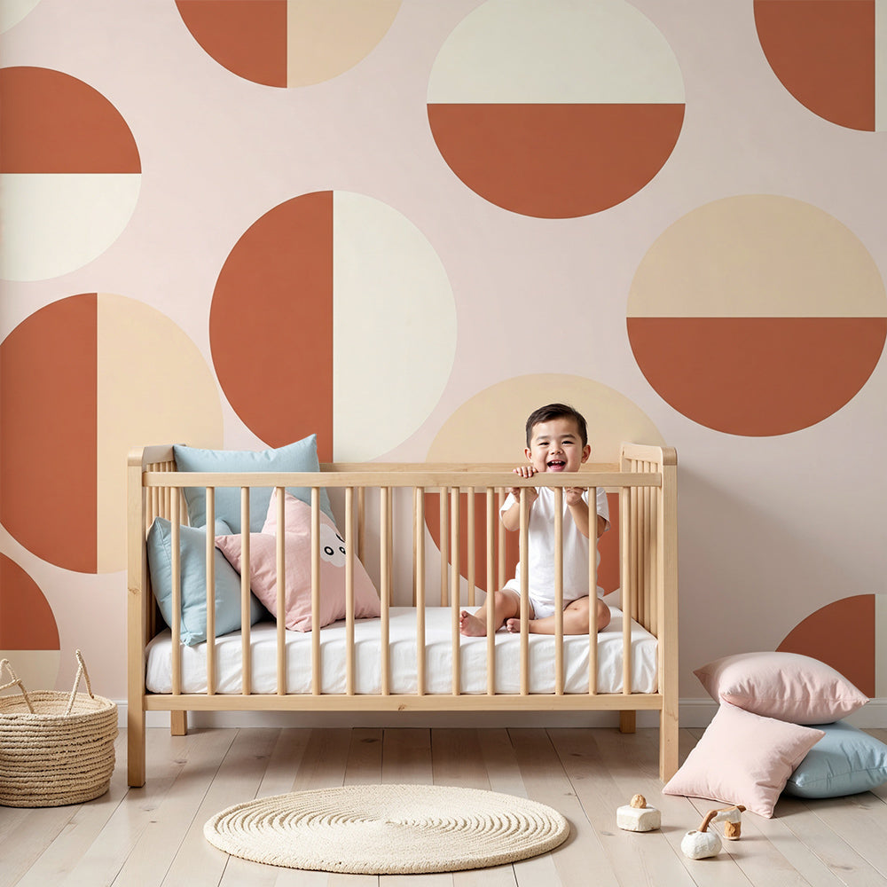 Kids-Mundo terracotta geometric circles wall mural styled in a bright nursery room
