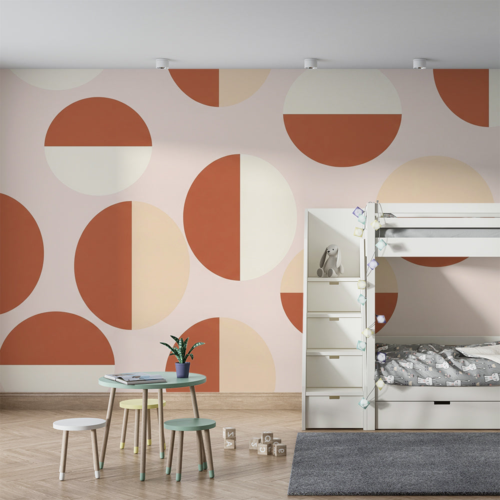 Kids-Mundo terracotta circles wall mural bringing modern pattern to a playroom