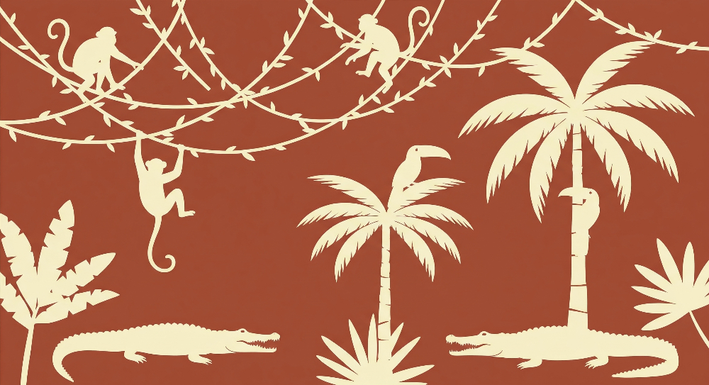Kids-Mundo flat artwork of cream jungle silhouettes on terracotta for a kids wall mural design