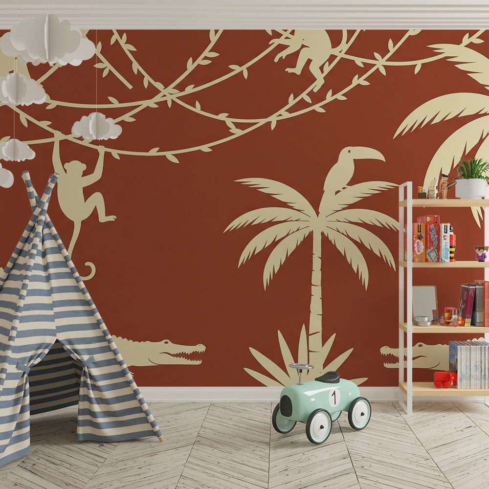 Kids-Mundo terracotta silhouette jungle wall mural bringing adventure to a children's playroom