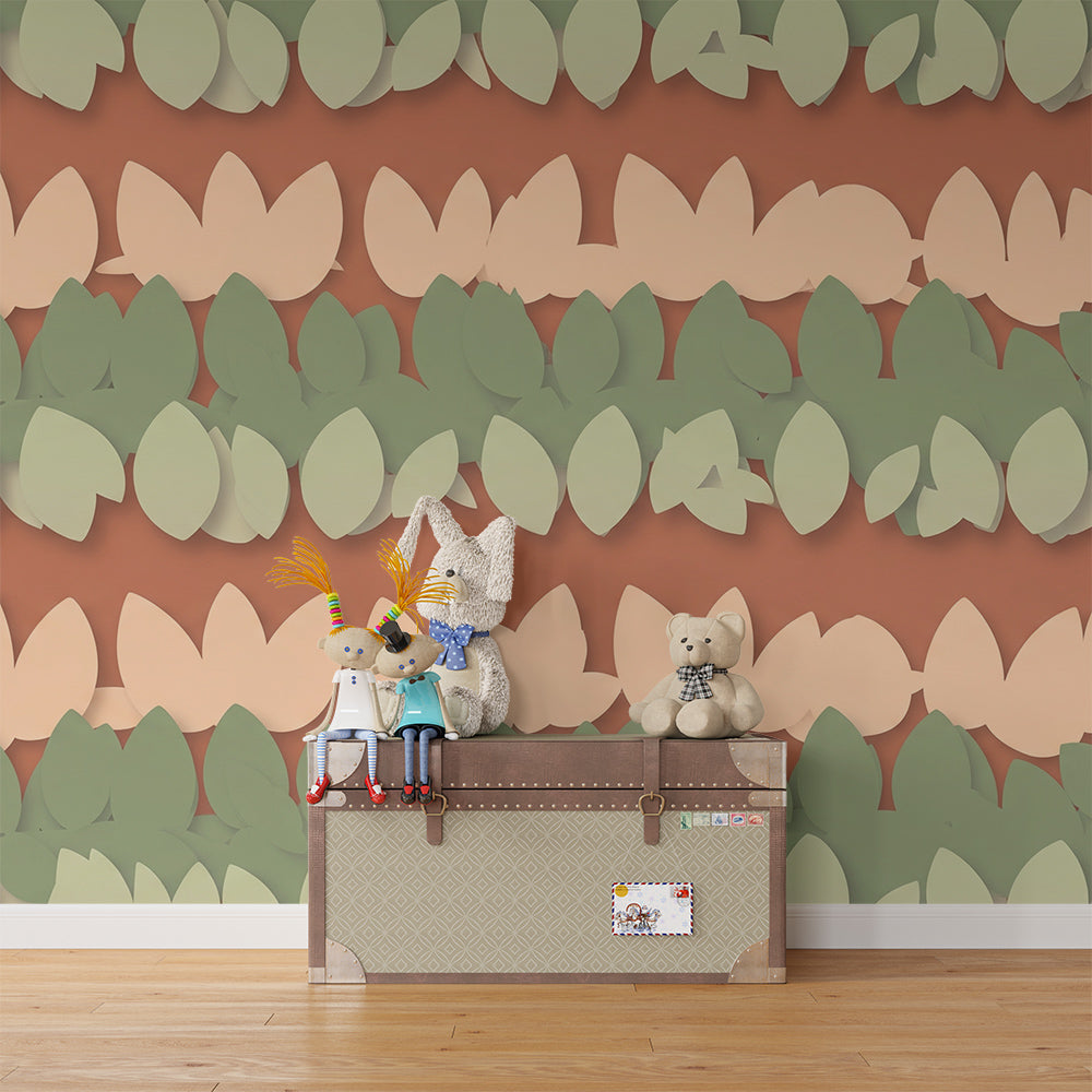 Playroom wall styled with a Kids-Mundo terracotta and sage leaf stripe mural