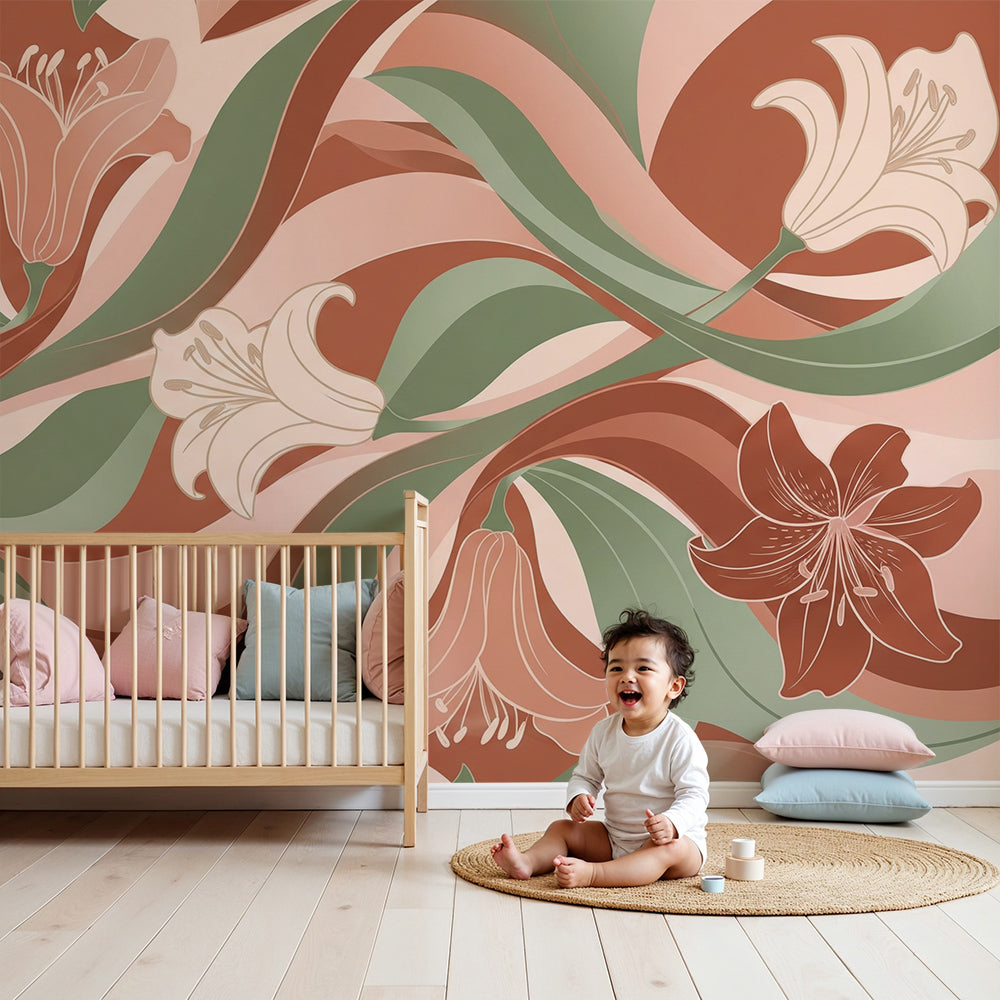 Nursery with a terracotta lily bloom wall mural by Kids-Mundo behind a white cot