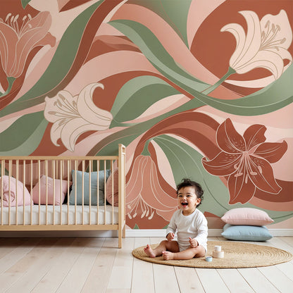 Nursery with a terracotta lily bloom wall mural by Kids-Mundo behind a white cot