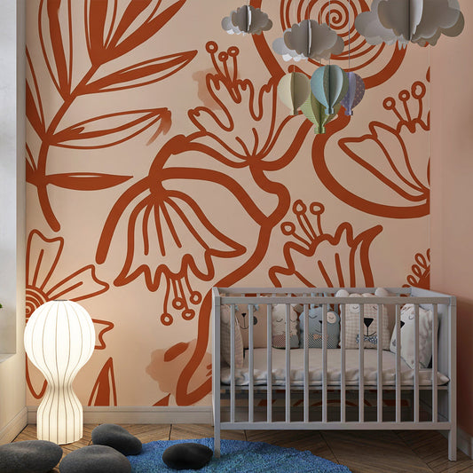 Kids-Mundo terracotta botanical line art wall mural on a feature wall in a child's kids bedroom