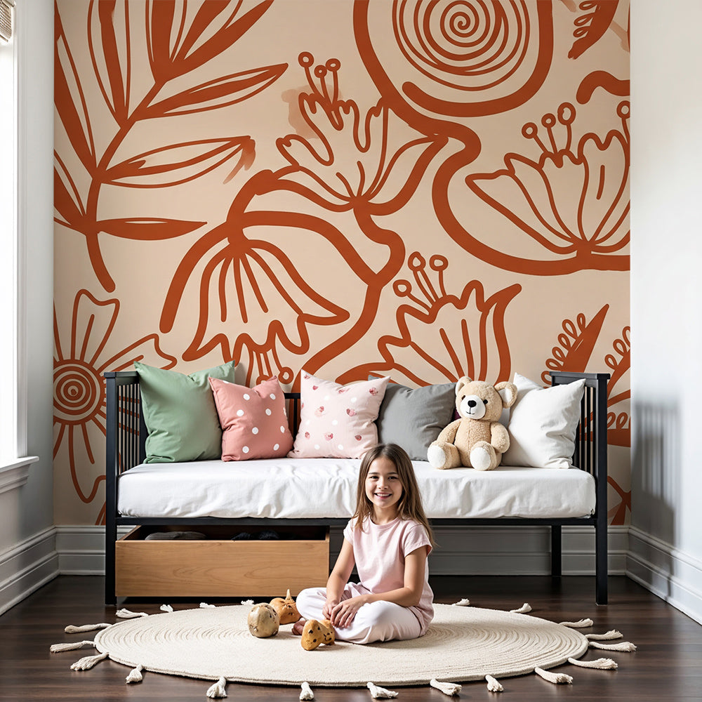 Kids-Mundo terracotta botanical line art wall mural styled in a warm neutral nursery behind a cot