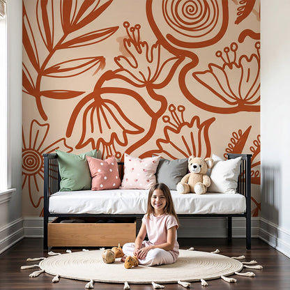 Kids-Mundo terracotta botanical line art wall mural styled in a warm neutral nursery behind a cot